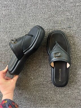 COACH Black Leather Platform Thong Sandals
